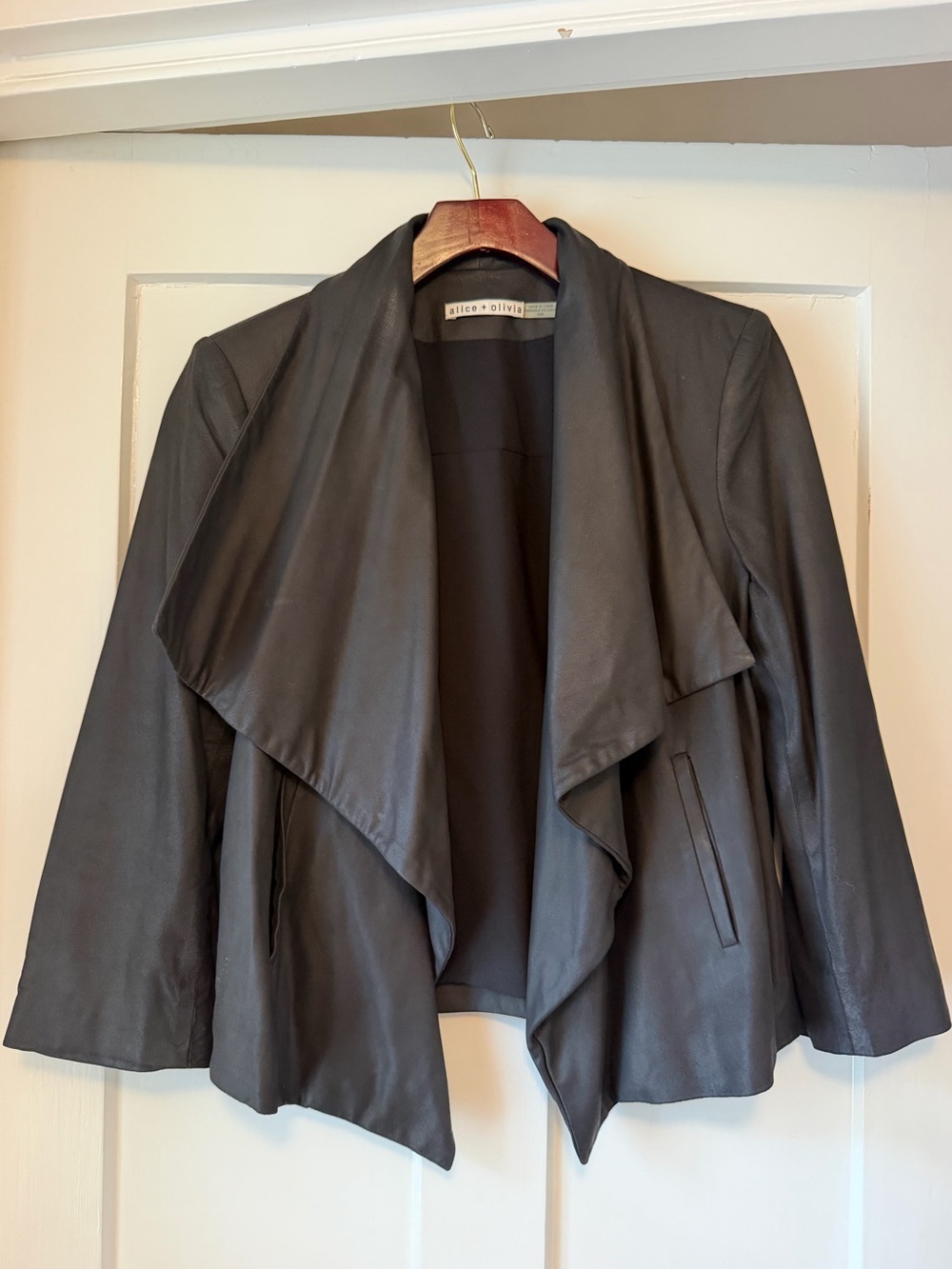 Alice + Olivia Colton Black Goat Leather Draped Jacket Size M